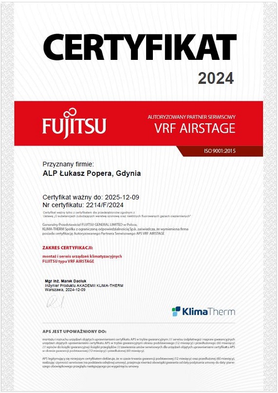 Certyfikat Fujitsu VRF klimatyzacja trojmiasto